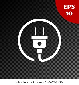 White Electric plug icon isolated on transparent dark background. Concept of connection and disconnection of the electricity.  Vector Illustration
