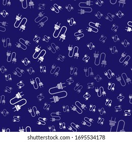 White Electric plug icon isolated seamless pattern on blue background. Concept of connection and disconnection of the electricity.  Vector Illustration