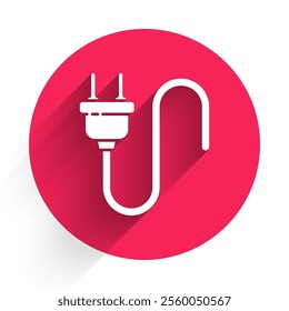 White Electric plug icon isolated with long shadow. Concept of connection and disconnection of the electricity. Red circle button. Vector Illustration