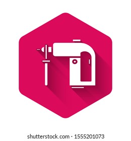 White Electric rotary hammer drill machine icon isolated with long shadow. Working tool for construction, finishing, repair work. Pink hexagon button. Vector Illustration