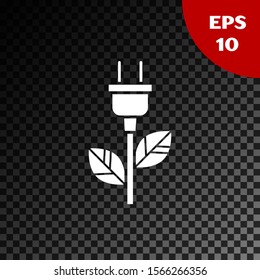White Electric saving plug in leaf icon isolated on transparent dark background. Save energy electricity icon. Environmental protection icon. Bio energy.  Vector Illustration