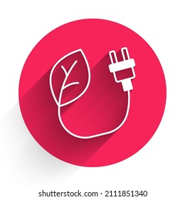 White Electric saving plug in leaf icon isolated with long shadow background. Save energy electricity. Environmental protection. Bio energy. Red circle button. Vector