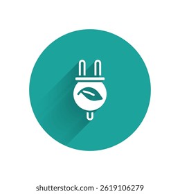 White Electric saving plug in leaf icon isolated with long shadow background. Save energy electricity. Environmental protection. Bio energy. Green circle button. Vector