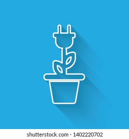 White Electric saving plug in pot line icon isolated with long shadow. Save energy electricity icon. Environmental protection icon. Bio energy. Vector Illustration
