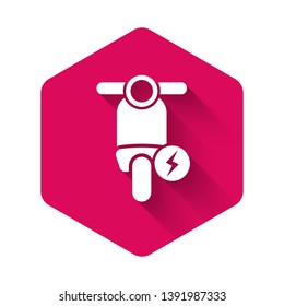 White Electric scooter icon isolated with long shadow. Pink hexagon button. Vector Illustration