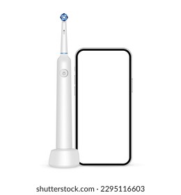 White Electric Toothbrush on Charger, Phone. Mobile Interactive Connection Concept. Vector Illustration