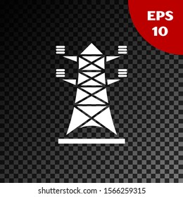 White Electric tower used to support an overhead power line icon isolated on transparent dark background. High voltage power pole line.  Vector Illustration