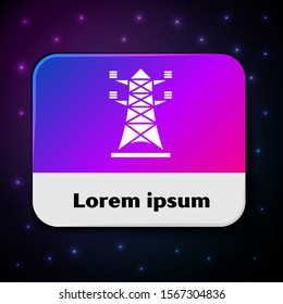 White Electric tower used to support an overhead power line icon isolated on black background. High voltage power pole line. Rectangle color button. Vector Illustration