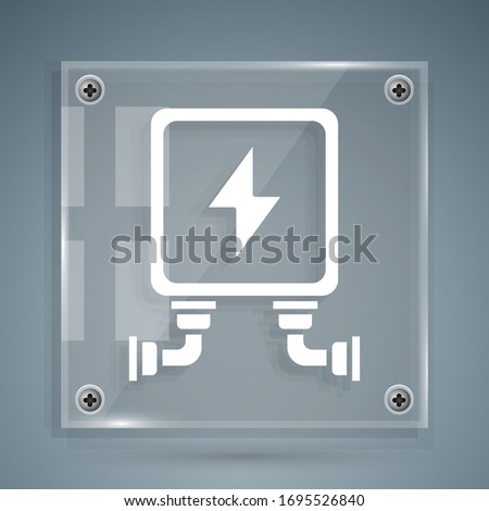 White Electric transformer icon isolated on grey background. Square glass panels. Vector Illustration