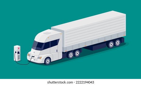 White electric us semi truck trailer with container charging parking at the charger station with plug in cable. Illustration of conventional cab shipping delivery vehicle. Electrified transport future