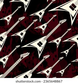 White electric V form guitar over dark red water color background effect seamless pattern