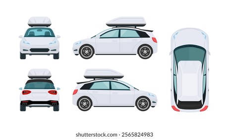 White Electric Vehicle with car roof box Views: Car Projections from All Angles, Front, Back, Top, Rear, and Side view. Vector.