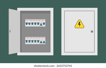Weiße elektrische Leistungsschaltertafel mit offenen und geschlossenen Türen