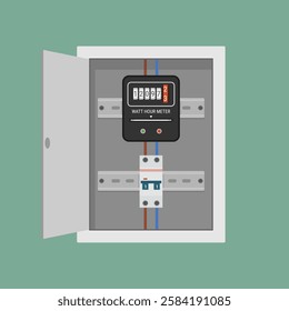 White electrical control panel with watt-hour meter and circuit breaker inside. Vector image illustrating electrical equipment, suitable for educational or industrial purposes