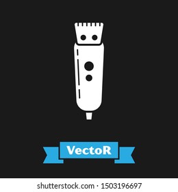 White Electrical hair clipper or shaver icon isolated on black background. Barbershop symbol.  Vector Illustration