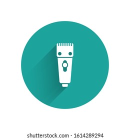 White Electrical hair clipper or shaver icon isolated with long shadow. Barbershop symbol. Green circle button. Vector Illustration