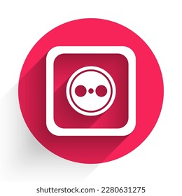 White Electrical outlet icon isolated with long shadow. Power socket. Rosette symbol. Red circle button. Vector Illustration