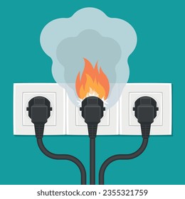 White electrical outlet with plug on fire.  Short circuit. Electrical safety concept. Wall socket in flames with smoke. Vector illustration in flat style.