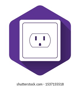 White Electrical outlet in the USA icon isolated with long shadow. Power socket. Purple hexagon button. Vector Illustration