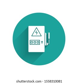 White Electrical panel icon isolated with long shadow. Green circle button. Vector Illustration