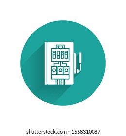 White Electrical panel icon isolated with long shadow. Green circle button. Vector Illustration