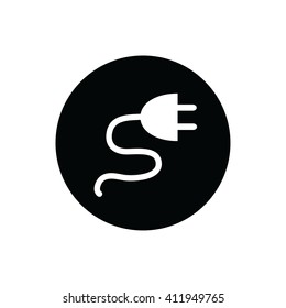 White electrical plug icon vector illustration. Black circle. Black button