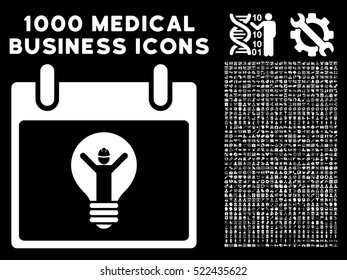 White Electrician Calendar Day vector icon with 1000 medical business pictograms. Set style is flat symbols, white color, black background.