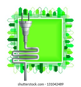 White electricity plug over the green square with buildings. Ecological concept. Eps10
