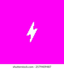 White electricity, zigzag Y2K icon pixel art on pink background. Retro thunderbolt, flash lightning or high voltage sign with squared contour. Vector pixelated graphic charging 8 bit symbol