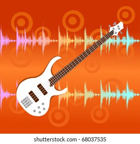 white electro guitar on abstract colorful equalizer bar background.
