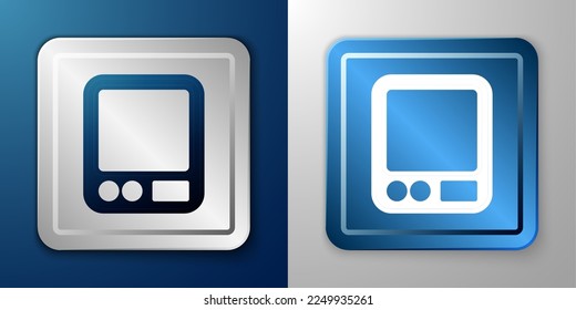 White Electronic coffee scales icon isolated on blue and grey background. Weight measure equipment. Silver and blue square button. Vector