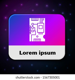 White Electronic computer components motherboard digital chip integrated science icon isolated on black background. Circuit board. Rectangle color button. Vector Illustration