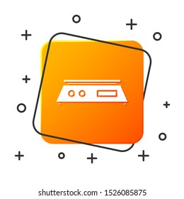 White Electronic scales icon isolated on white background. Weight measure equipment. Orange square button. Vector Illustration