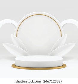 Weiße, elegante 3D-Zylinder-Podestsockel-Attrappe für Luxusprodukt zeigen eine realistische Vektorillustration. Premium-Licht-Werbe-Vitrine mit Blättern und kreisförmigen Wandhintergrund für Verkaufspräsentation