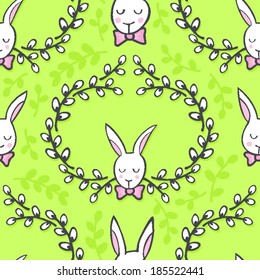 white elegant bunny in willow wreath animal spring holiday Easter seamless pattern on light green background