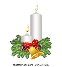 White elegant burning flame festive candles with golden bell spruce branches and fir cone vector flat illustration. Christmas celebration creative wax composition isolated. Winter seasonal holiday