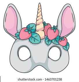 White elegant cartoon style unicorn with cute strawberry headband, vector mask drawings