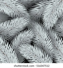 White Elegant Christmas background. Blue vector illustration with fir branches for xmas design. Happy New Year Vector seamless pattern with pine branches. Forest texture.