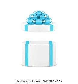 White elegant circle gift box with open cap and stylish blue bow ribbon 3d icon realistic vector illustration. Expensive package for holiday congratulations present surprise storage or shopping sale