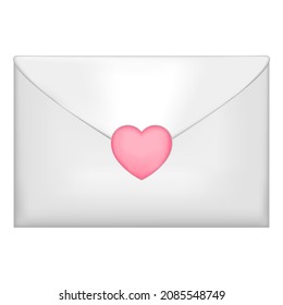White elegant envelope with heart stamp. Blank mail paper card mock up vector illustration. Realistic modern empty postcard template isolated on white background.