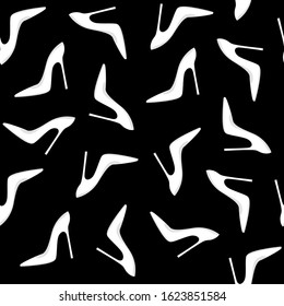 White elegant fashilonable high heeled women shoes on black background. Seamless pattern. Vector illustration