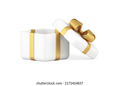 White elegant festive gift box with open cap for Christmas present congratulations realistic 3d icon vector illustration. Cute glossy birthday congrats container wrapped golden luxury bow ribbon