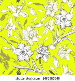 White elegant hand drawn flowers Narcissus, Daffodils. Natural botanical floral vector realistic seamless sketch on bright yellow background. 