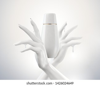 White elegant hands with cosmetic bottle in 3d illustration