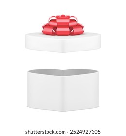 White elegant open gift box for shopping sale product limited offer 3d icon realistic vector illustration. Romantic birthday anniversary package present container heart shape with red bow ribbon
