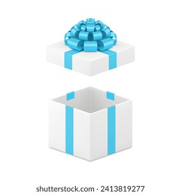 White elegant open squared gift box with blue bow 3d icon realistic vector illustration. Cute paper container with cap and ribbon for present surprise holiday greeting celebration decorative element