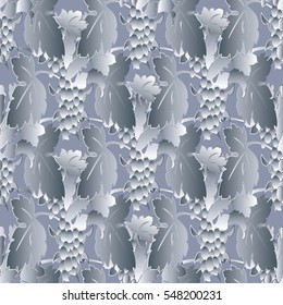 White elegant seamless pattern background wallpaper illustration with 3d grapes, leaves and vintage decorative ornaments.Vector monochrome luxury fabric texture.