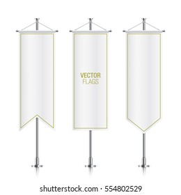 White elegant vertical flag mockups, isolated on a white background. Set of vector banner flag templates hanging on a silver metallic poles.