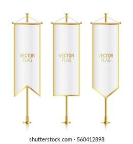 White elegant vertical flag mockups with golden strokes, isolated on background. Set of white vector banner flag templates hanging on a golden poles.
