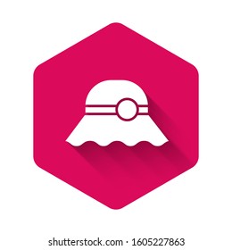 White Elegant women hat icon isolated with long shadow. Pink hexagon button. Vector Illustration